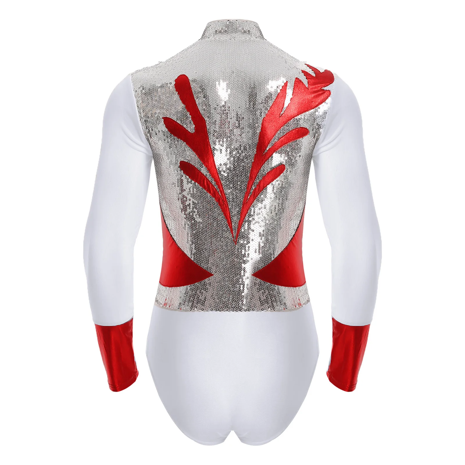 Body de patinaje artístico para hombre de grado profesional con retales de lentejuelas metálicas y diseño de cuello en V para actuación de danza de Ballet