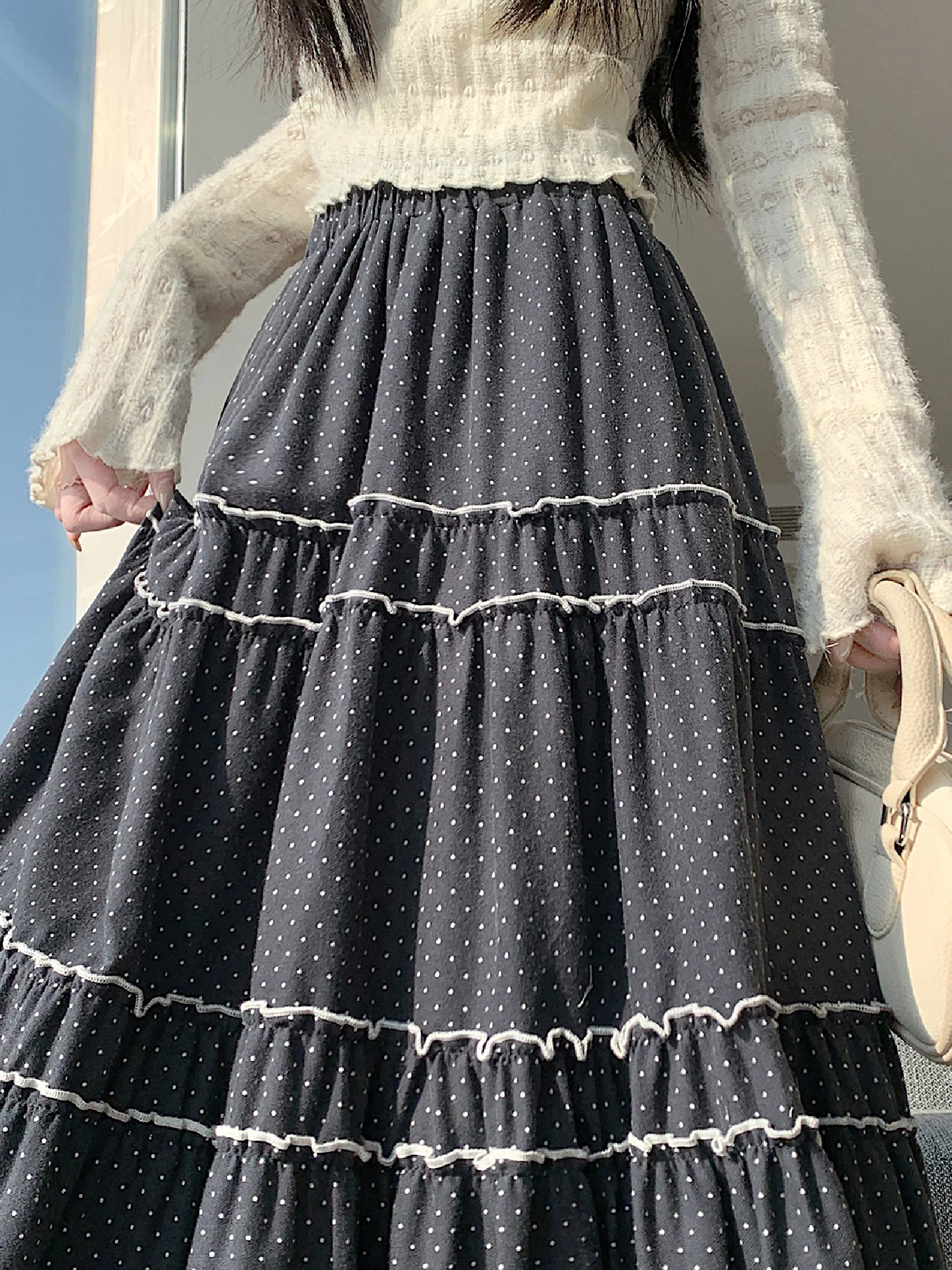 

Юбка А-силуэта с высокой талией в горошек для женщин, весна-осень, красивая, с деревянными вставками, в корейском стиле, для повседневной носки