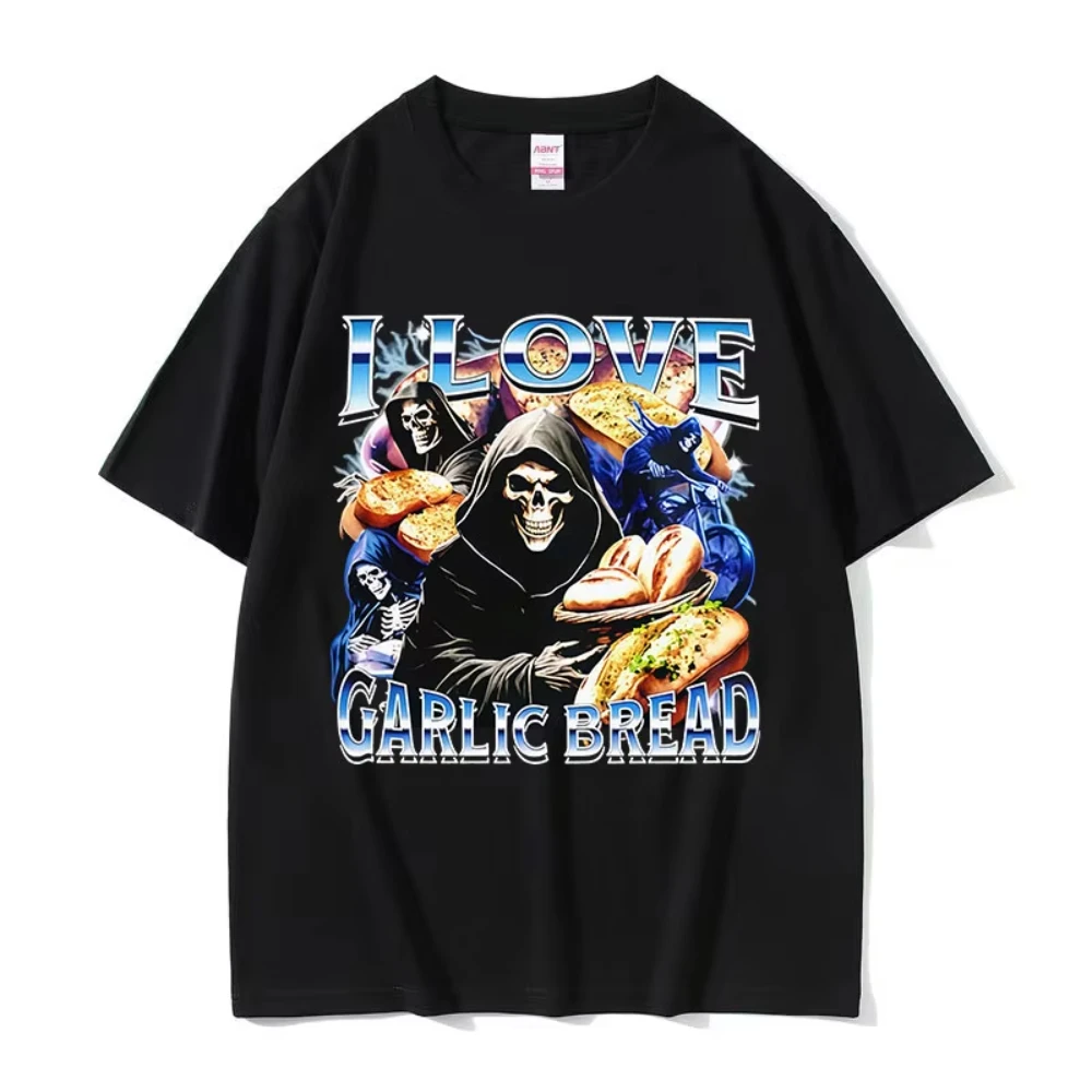 Camiseta con gráfico divertido de esqueleto y pan con ajo, camisetas de manga corta de moda para hombre, camisetas de ropa gótica vintage