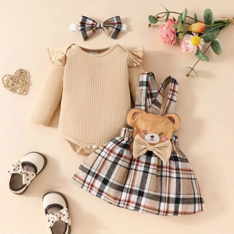Romperbo-Ensemble 3 pièces pour bébé fille de 0 à 18 mois, grenouillères à manches longues, jupe à carreaux ours, vêtements d\'automne