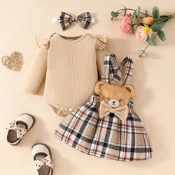 Newborn Baby Set Baby Girl 3-Piece 0 To 18 Months Long Sleeve Onesies Bear Plaid Skirt Outfits Autumn Baby Girl Clothes Romperbo