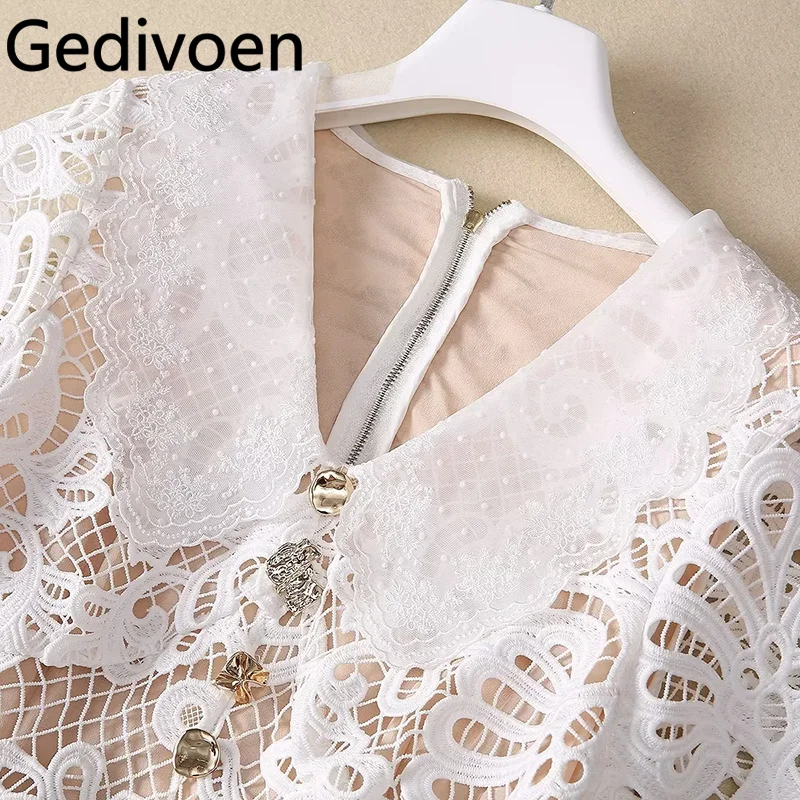 Gedivoen-vestidos de diseñador de pasarela de moda de verano para mujer, Vintage, Color sólido, bordado ahuecado, cuentas de uñas, fajas, vestidos de encaje