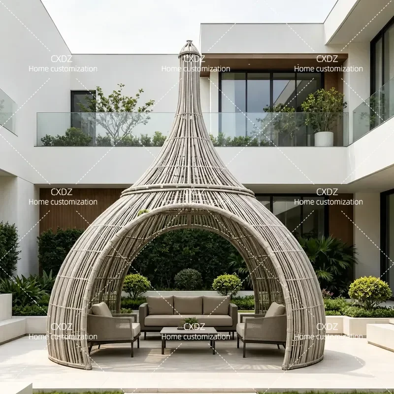 Villa Garden Outdoor Rattan Pavilion Courtyard Leisure Gazebo Modern Simple Spire PE Wicker Sunshade Canopy Customizable
