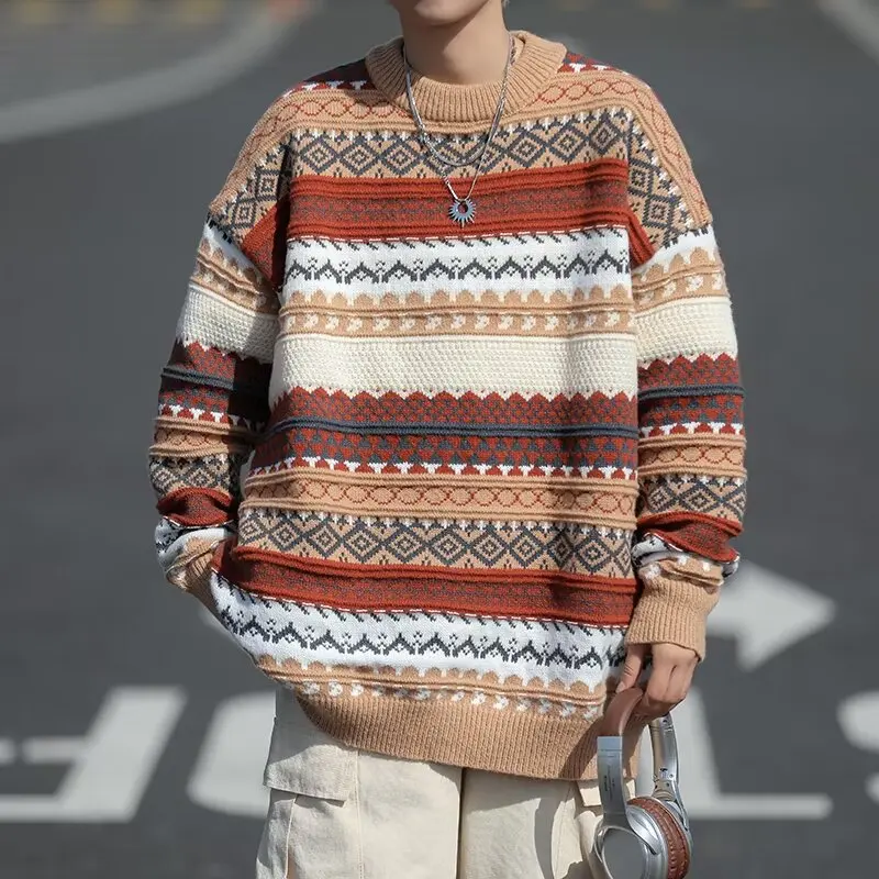 

Ethnic Wind Sweater Men's Winter Korean Retro High-class Sense of Tide Striped Knit Sweater Loose Casual Pullover Thread Sweater