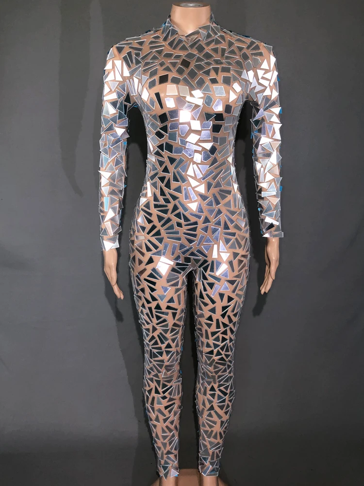 Shining Silver Mirrors Jumpsuit Mesh Dance Costume Women Stage Performance Dance Net Yarn Bodysuit Sexy Nightclub Wear