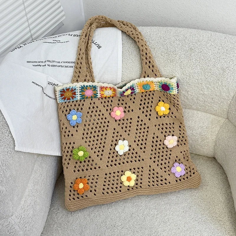 

Boho Knitting Shoulder Bag Ethnic Style Large Capacity Bohemian Crochet Crossbody Bag Floral Lazy Style Casual Woven Handbag