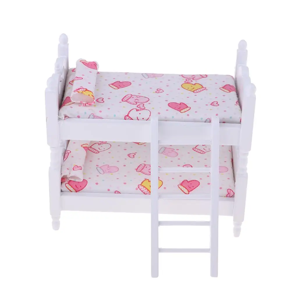 Móveis para Quarto de Bonecas, Cama de Beliche Miniatura 1:12, Acessórios de Madeira para Casa de Bonecas