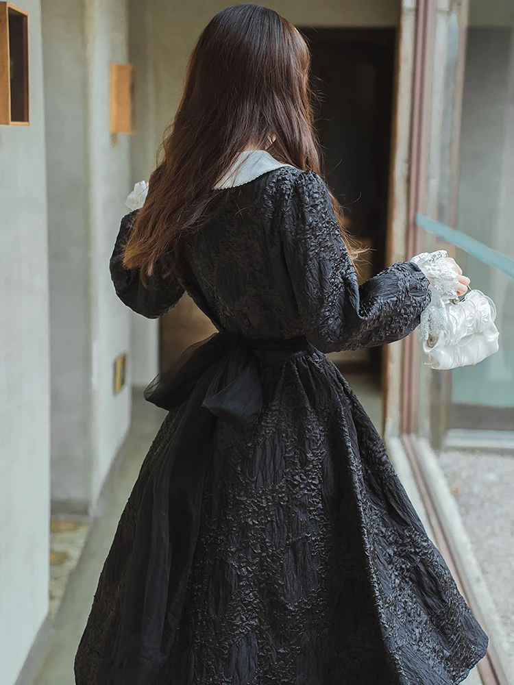 Conjunto de saia e camisa de renda de manga comprida feminina, roupas elegantes e doces, preto, primavera, outono, 2 peças