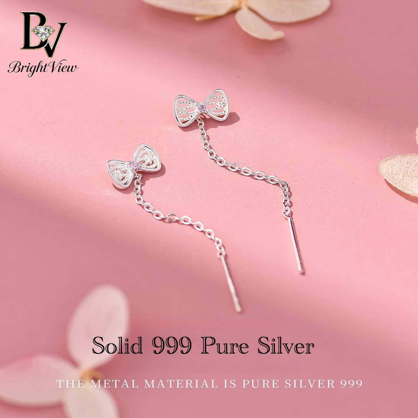 

1 Pair S999 Pure Silver Bow Dangle Earrings Simple Long Tassel Drop Earrings for Women Real 999 Silver Fine Jewelry