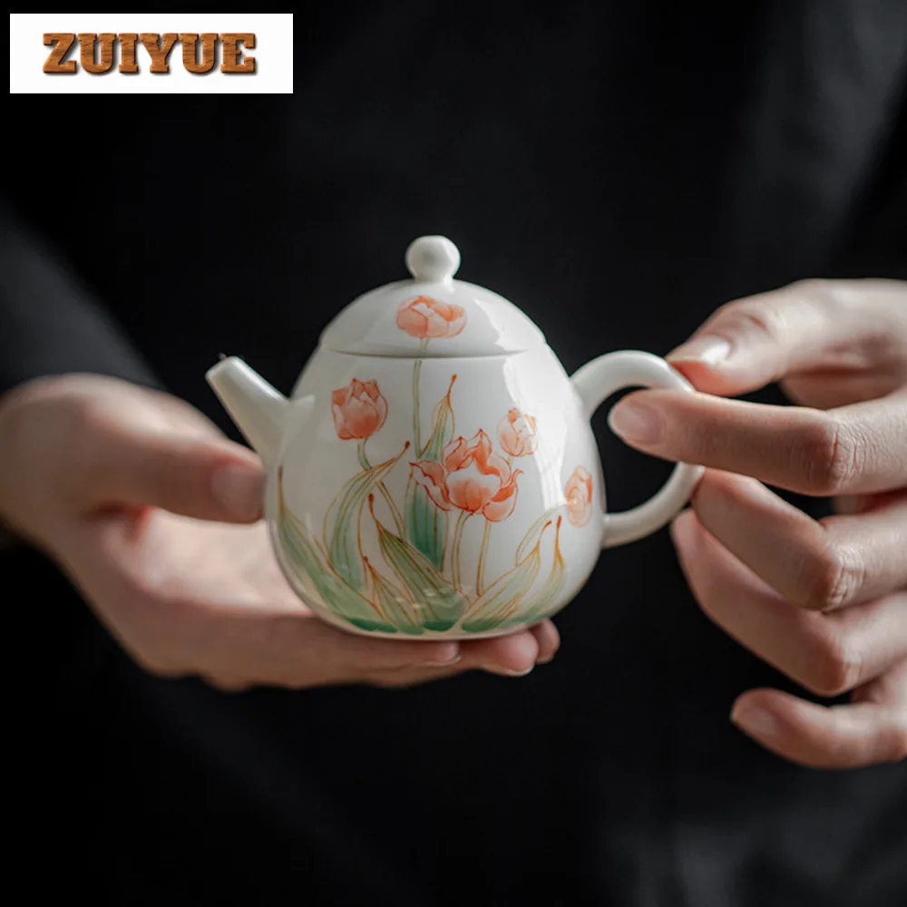 140ml Hand Painted Tulip Pot Household White Porcelain Teapot Traditional Dragon Egg Pot Tea Soaking Kettle Tea Items Collection