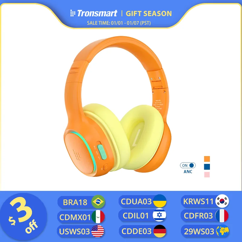 Tronsmart KH03 Bluetooth Kids Headphones with Active Noise Cancellation, Built-in HD Mic, LED Mode, for Gift, Children, Travel