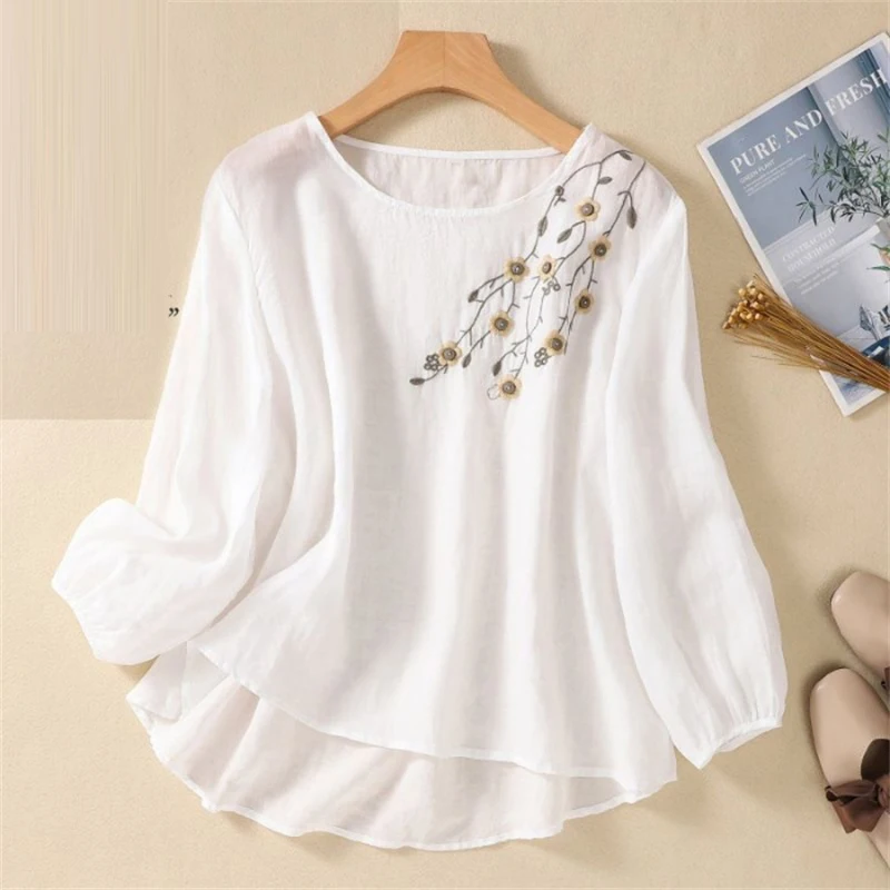 Women Trendy Vintage Embroidery Long Sleeve Cotton Linen T-shirt Female Simple Casual Solid O Neck Loose Irregular Pullover Tops