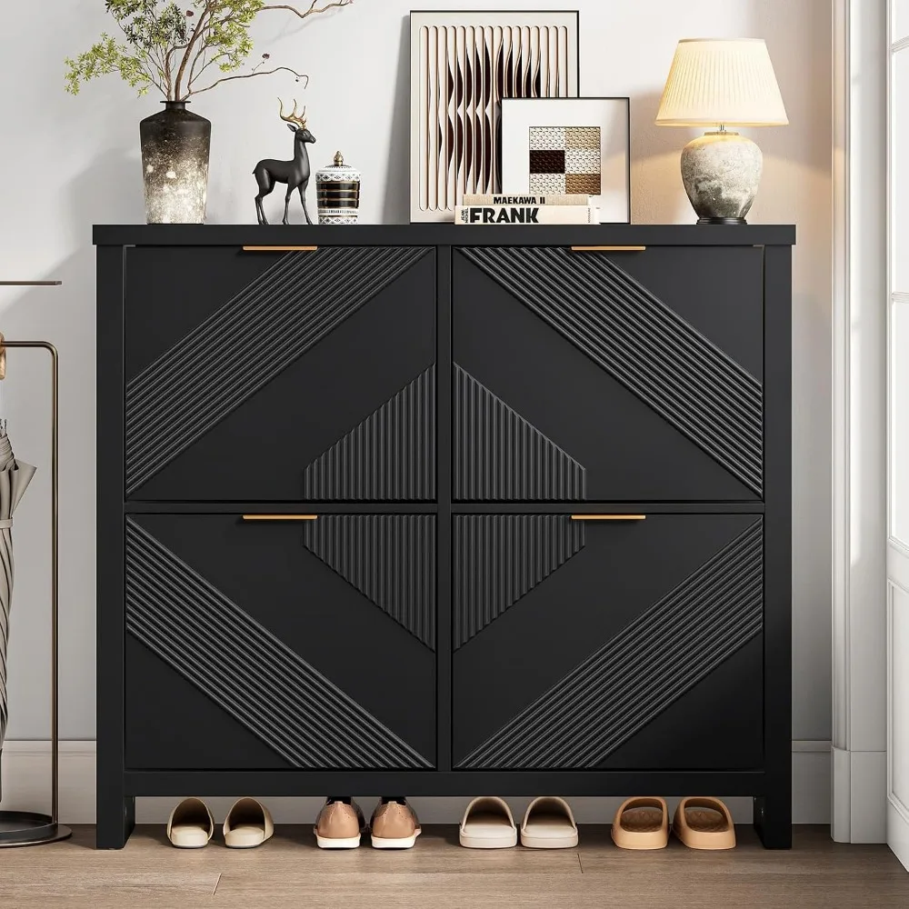 Shoe Cabinet with 4 Flip Drawers and Symmetric Groove Pattern | Slim Narrow Shoe Storage for Entryway, Living Room