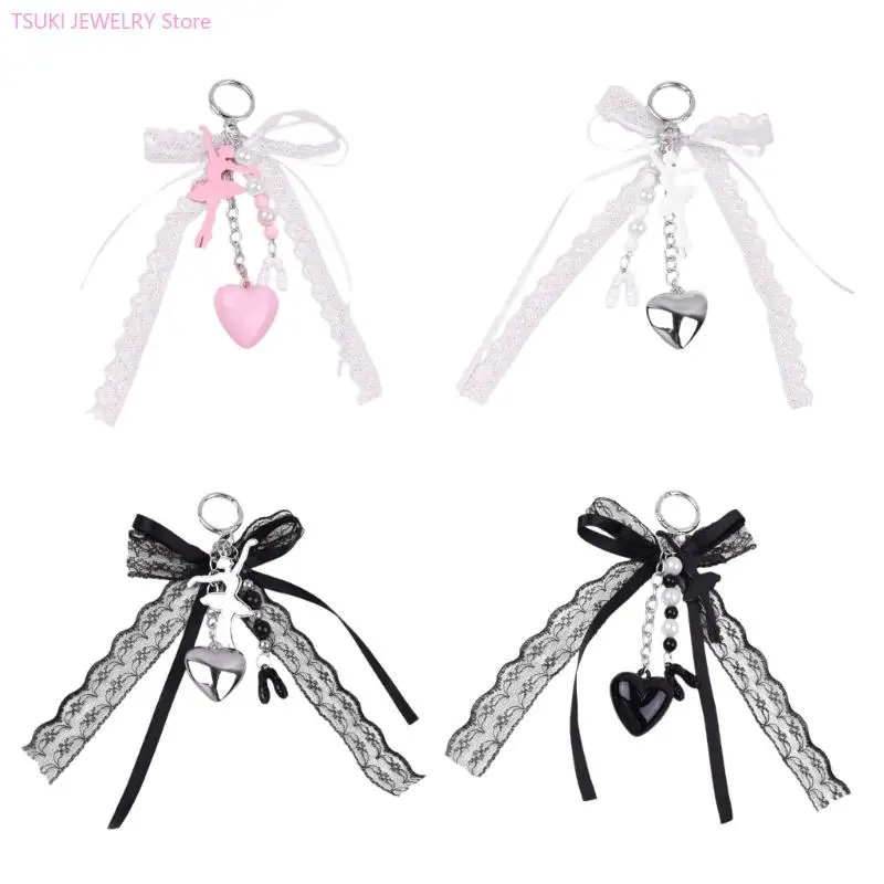 62KE BALLET Girl Keyring Handbag Charm Lace Bows Keychain Bag Decorations Heart Car Chain for Woman and Girl