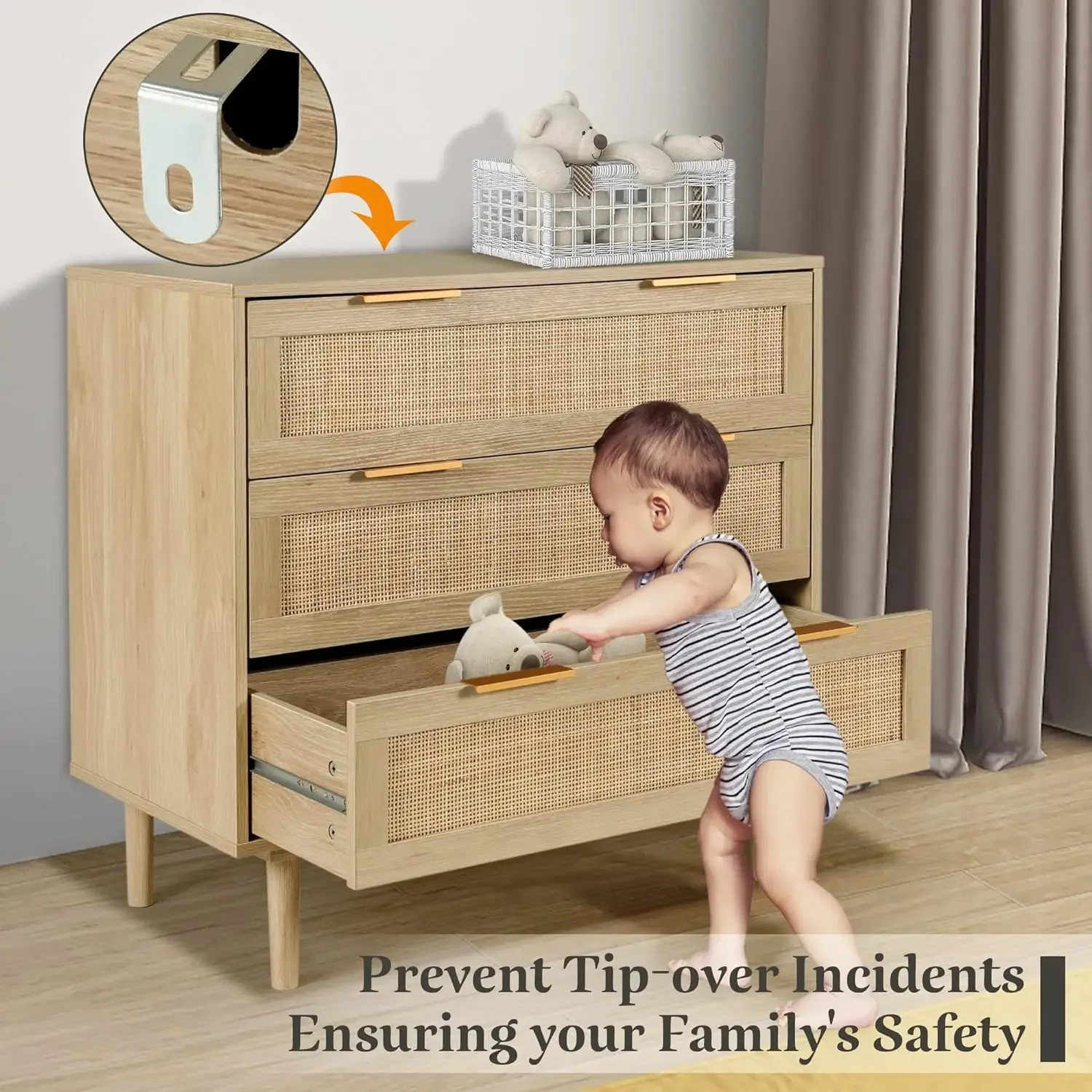 3 Drawer Dresser for Bedroom, Rattan Modern Closet Dressers Chest of Drawers, Wood Oak Storage Chest for Kids Bedroom