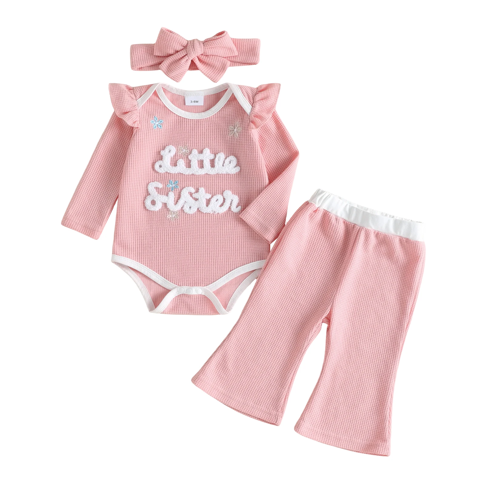 Baby Girls Waffle Outfits Little Sister Embroidery Romper & Pants Headband