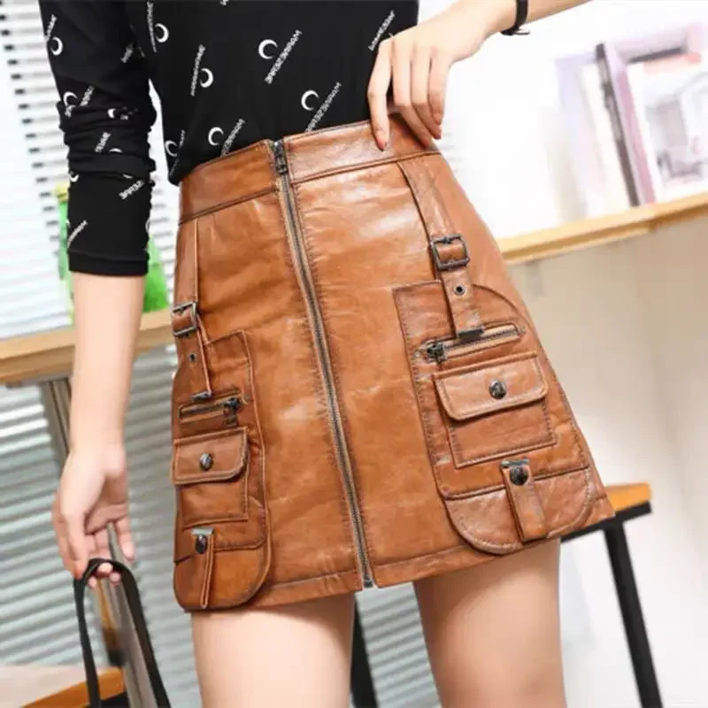 

Sexy Women High Waist Buckle Pockets A Line Mini Skirt Vintage Oil Wax Soft Sheepskin Genuine Leather Skirt Short Female Faldas