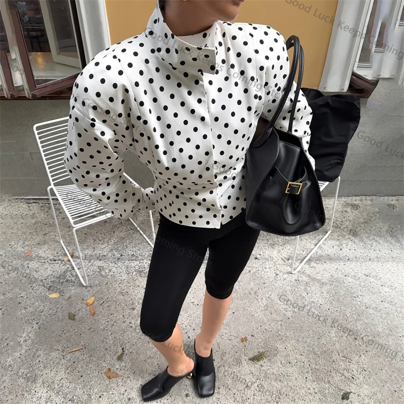 

2025 Women Polka Dot Jacket Fashion Elegant Contrast Long Sleeve Coats Casual Loose High Street Luxury Female Tailored Coat