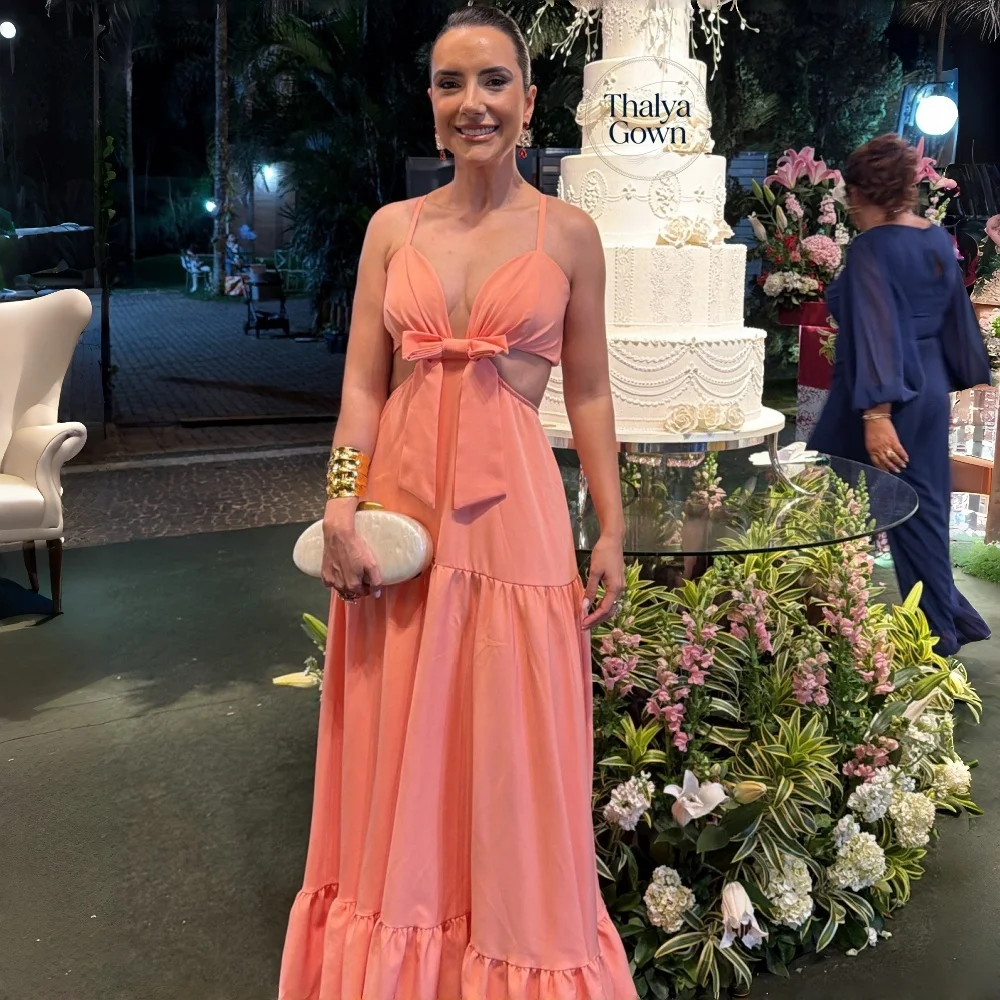 Thalya Spaghetti Strap Evening Dress for Women V Neck Bow Cutout Waist Long Formal Party Gown Custom Made Wedding Guest Dress