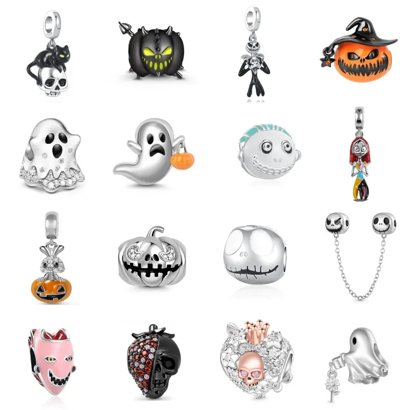 Halloween Charm Amulet Black Funny Bead Pumpkin Head Ghost Skull Pendant Fit Original Pandora Bracelet Jewelry 925 Silver plated