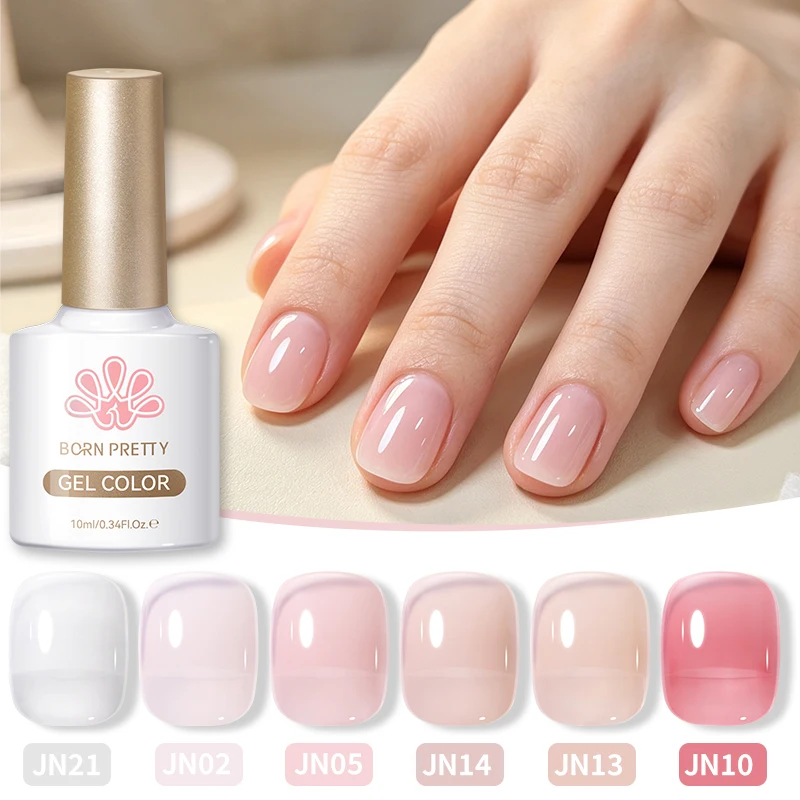 BORN PRETTY 1/6 Stück Jelly Nude UV-Gel Nagellack Set Hellrosa Oval Glänzend Salon DIY Semi-Permanent Abziehbarer UV-LED-Gel-Lack