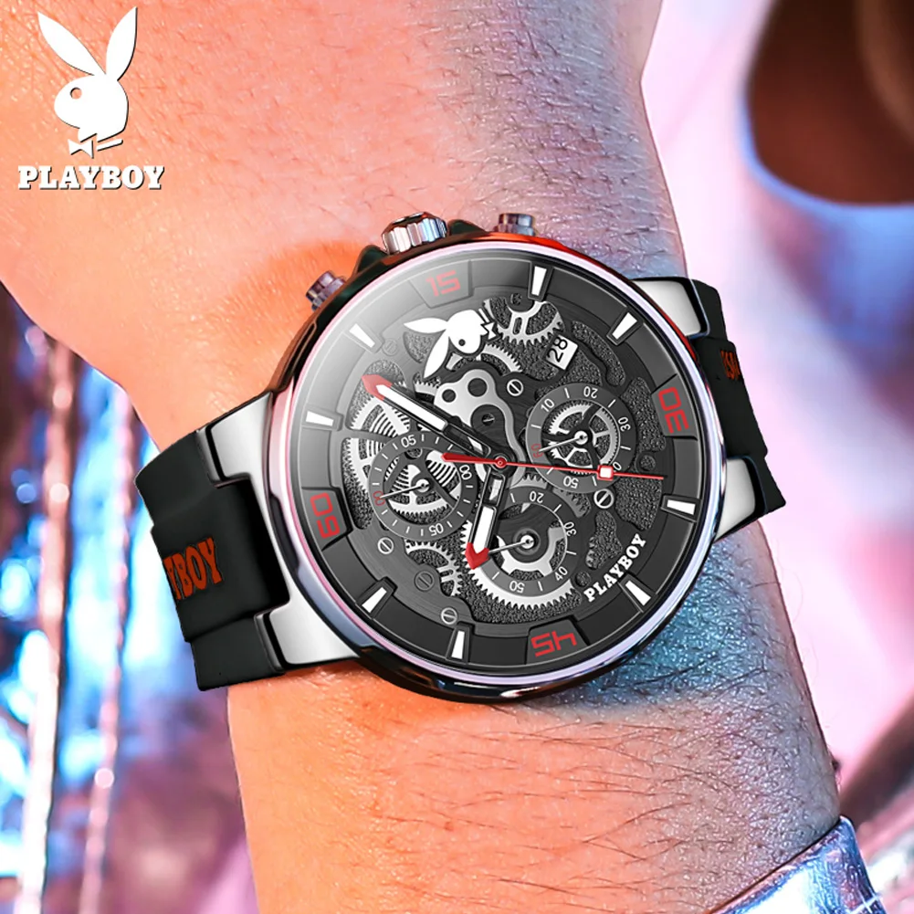 PLAYBOY Casual Quartz Men\'s Wristwatch Luxury Sports Luminous Waterproof Watch for Men Fashion High-end Silicone Strap Man Watch