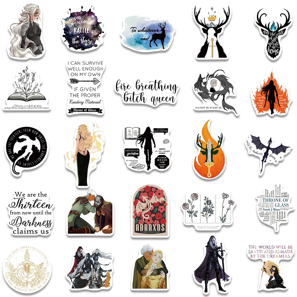 50pcs Aesthetic Retro Cartoon Throne Of Glass Novel Stickers Water Bottle Sticker Luggage Laptop Guitar Waterproof Vinyl Decals