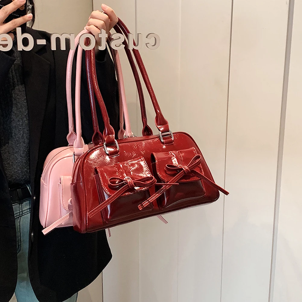 Women Daily Commuting Bag Double Pockets PU Leather Simple Shopping Bag with Bow Small Tote Bag Solid Color for Travel Vacation