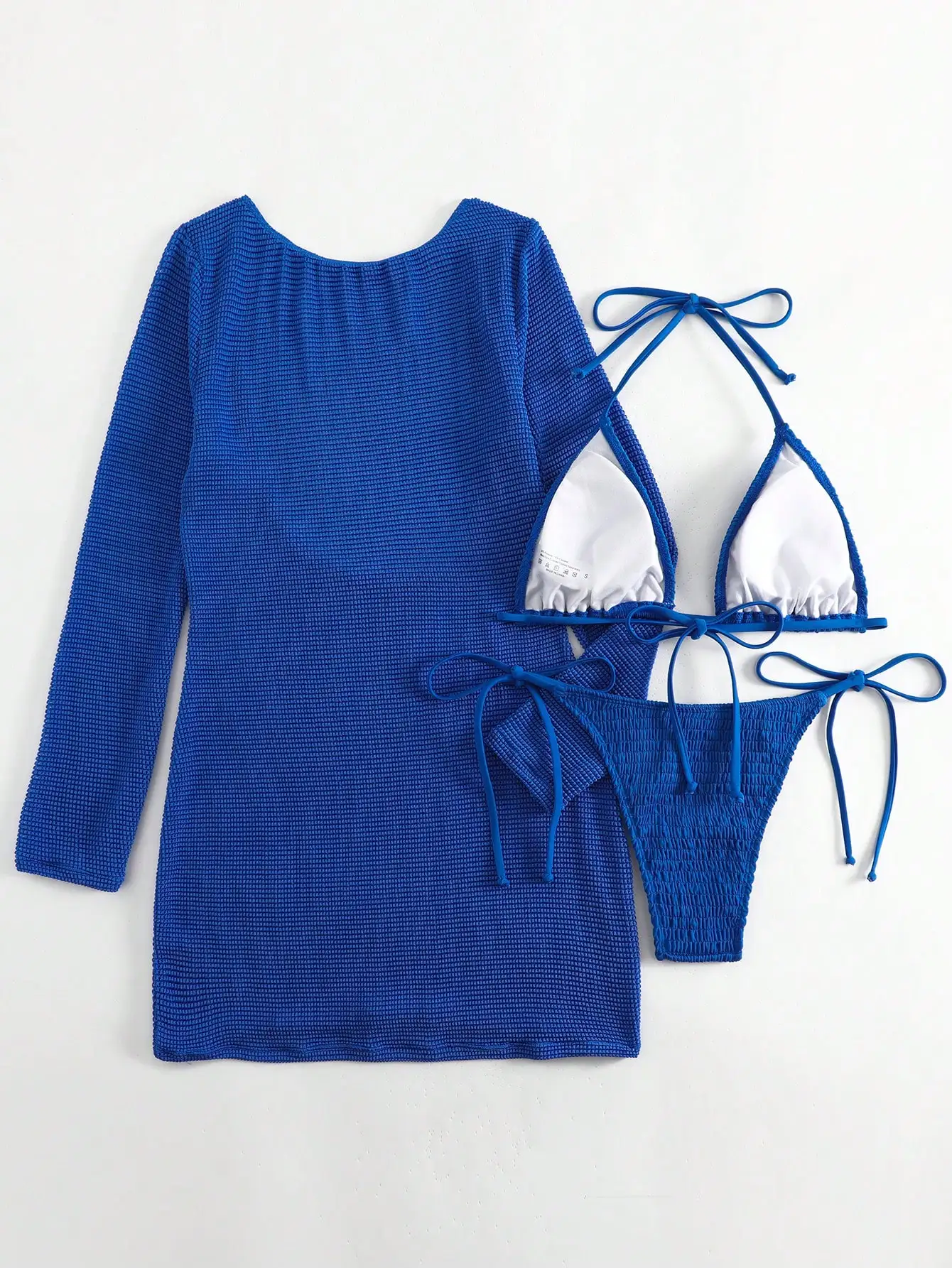 

Smocked Bikini Set Halter Triangle Top Tie Side Bottom Cover Up Dress 3 Pieces