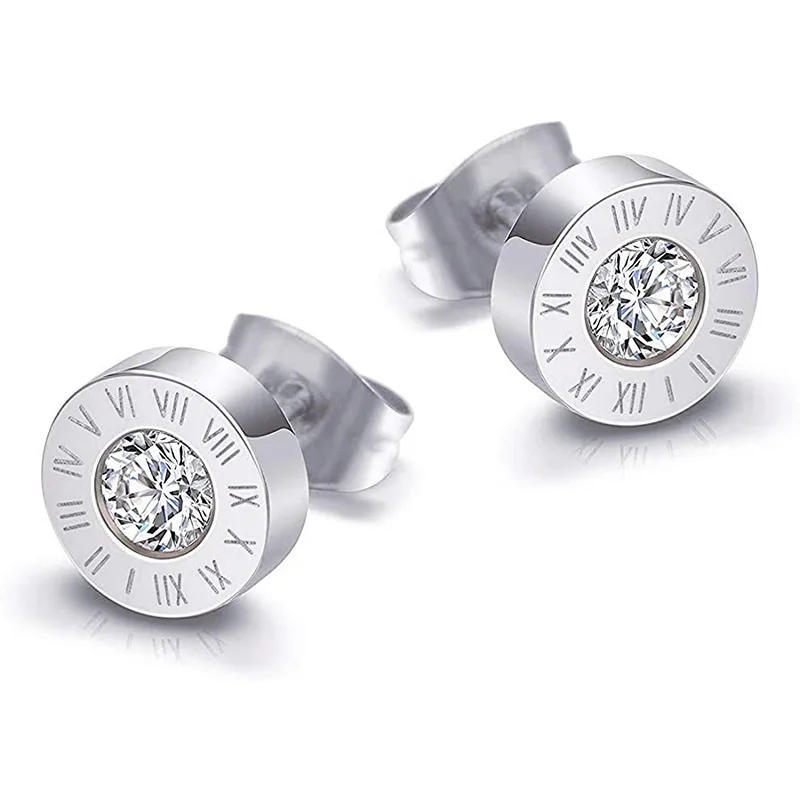 316 Stainless Steel Round Shine AAA CZ 10MM Diameter Roman Numeral Stud Earrings For Women High Quality Brand Jewelry