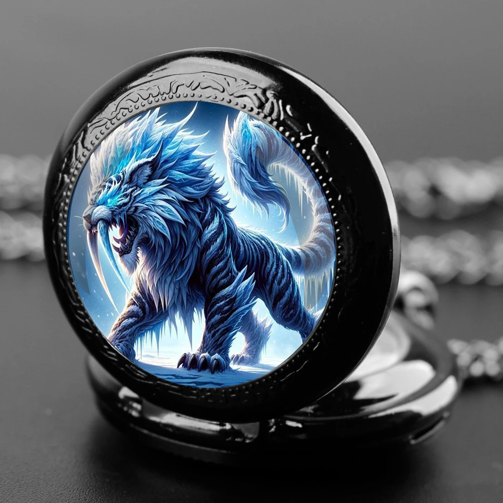 

Saber-tooth Tiger Design Glass Dome Quartz Pocket Watch With Durable Chain Arabic Numeral Dial For Men And Women Creative Gifts