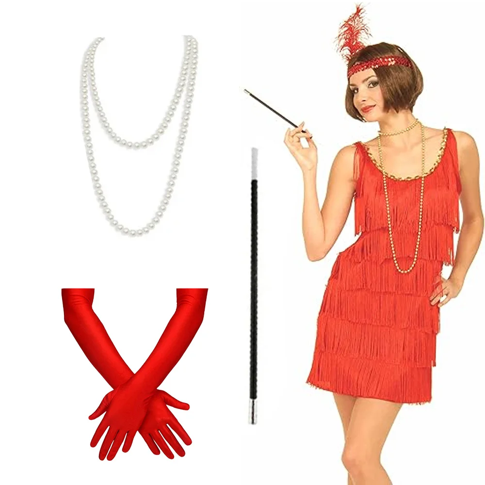 PESENAR Women's Adult 1920s Flapper Accessories Gatsby Costume Set 20s Flapper Headband Pearl Necklace Gloves Plastic Holder
