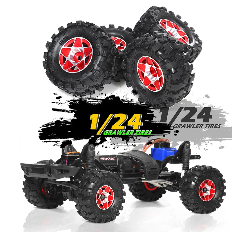 

RC Car 4PCS 57*25mm Mud Rubber Tires&1.0" CNC Beadlock Wheel Rims Set for 1/24 RC Crawler Car Axial SCX24 FMS Enduro24