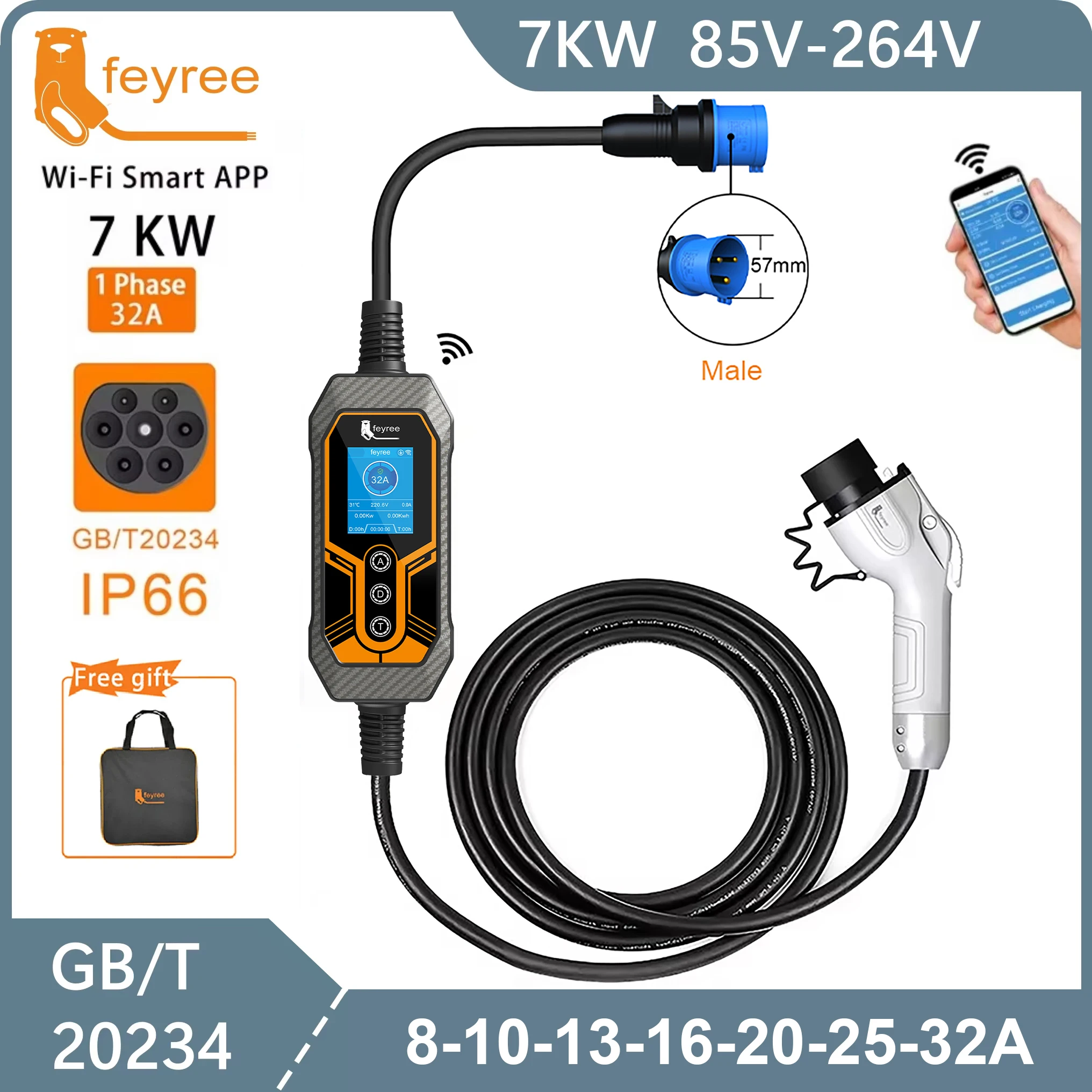 feyree EV Portable Charger GB/T  32A 7KW 1Phase APP Bluetooth Version EVSE 11KW 16A 3P Cable 5m CEE Plug for Electric Vehicle