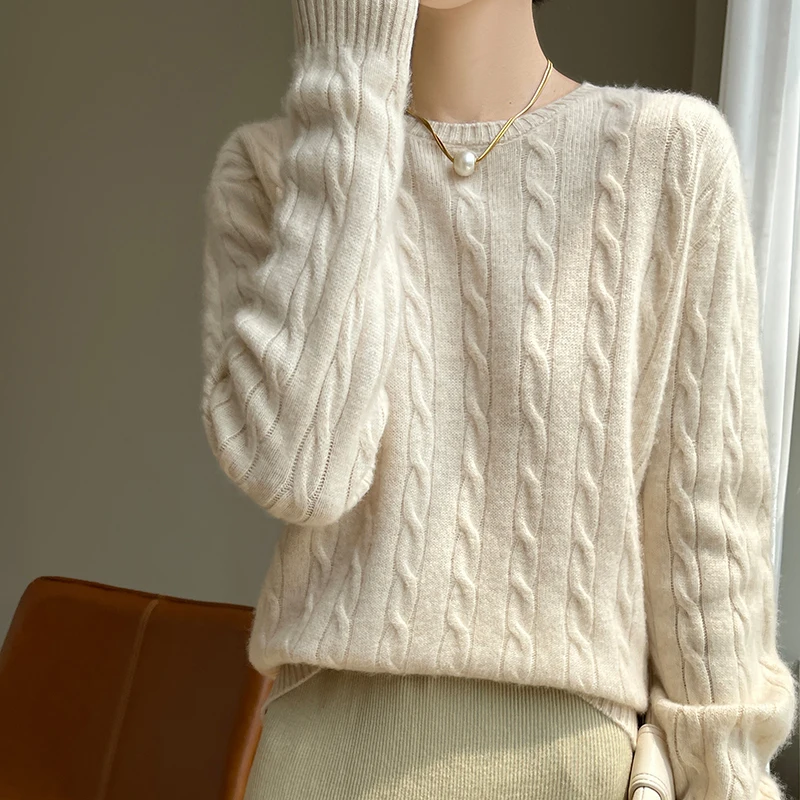 Women Merino Wool Thickening Sweater O-neck Twisted Pullover Autumn Winter Cashmere Casual Knitwear Long Sleeve Bottoming Tops