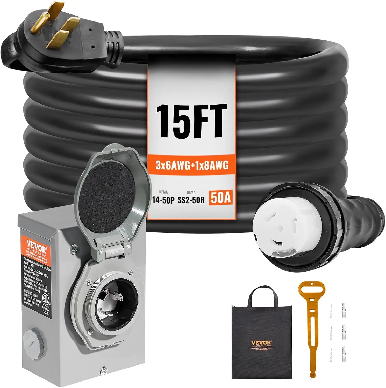 

50 Amp Generator Cord and Power Inlet Box Kit, 15FT Generator Extension Cord NEMA 14-50P/SS2-50R STW 6/3+8/1 AWG with Twist Lock