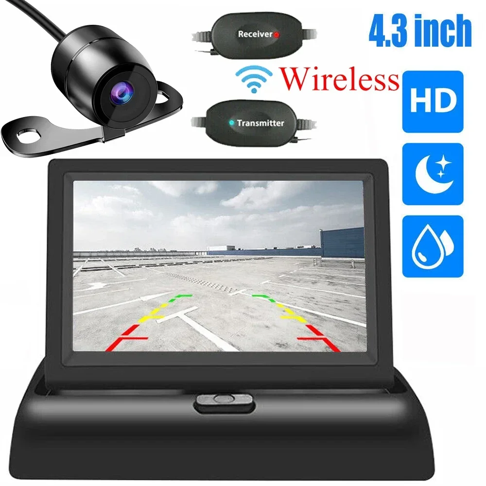 

Wireless Foldable Car Monitor 4.3-inch TFT LCD HD Parking Monitor Night Vision With Reverse Camera for Car MPV RV SUV Parking