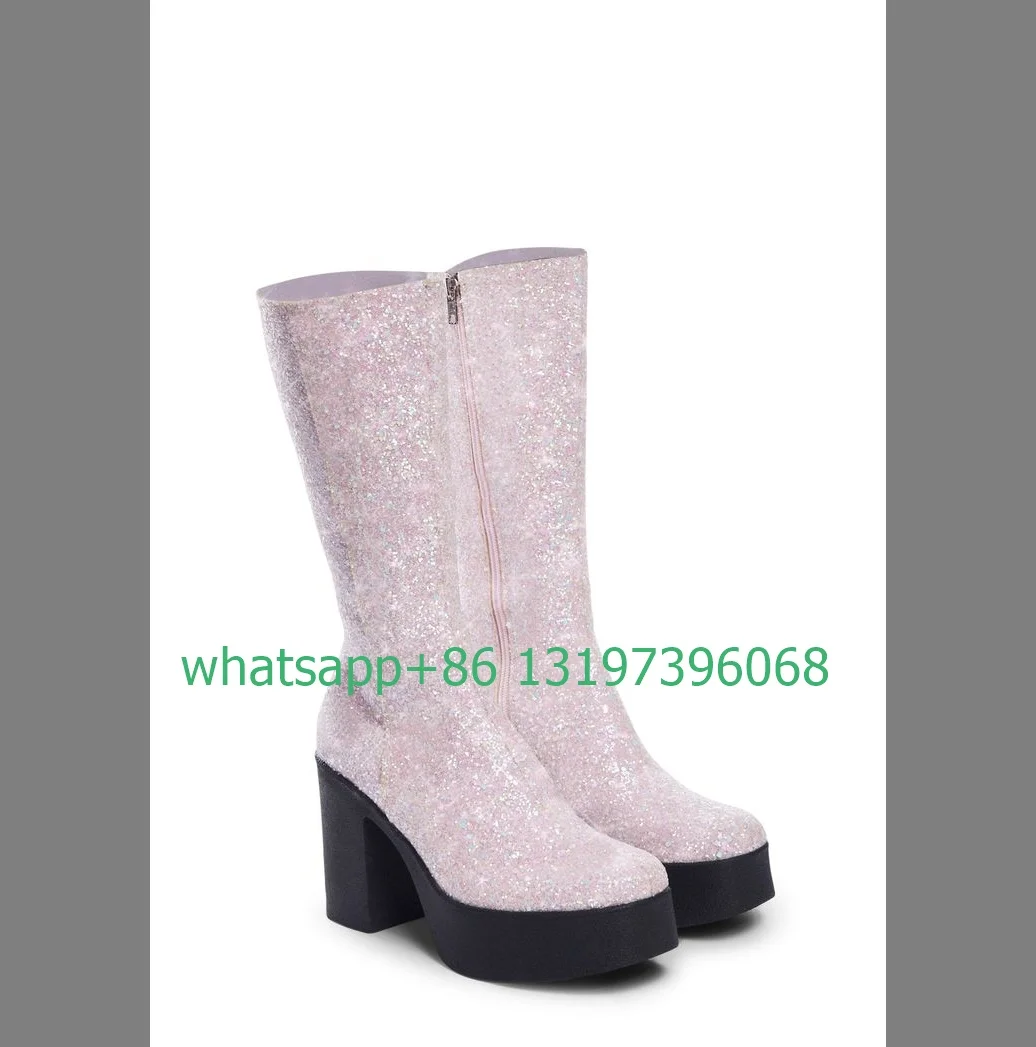 Lady Mary Jane pink sequins platform calf boots chunky heel platform punk dress boots elegant glitter side zip closures boots 46