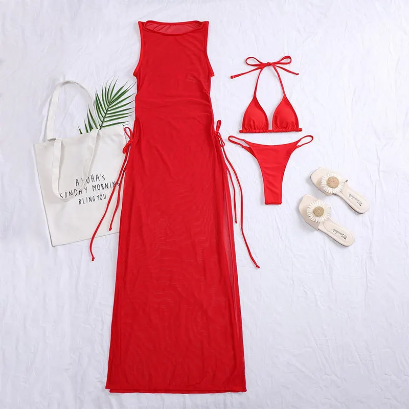 2026 Women's 3 Piece Solid Red Micro Bikini Set Sexy Sheer Mesh Split Dress Cover Up High Waist Swimsuit Multi Colors Beachwear
