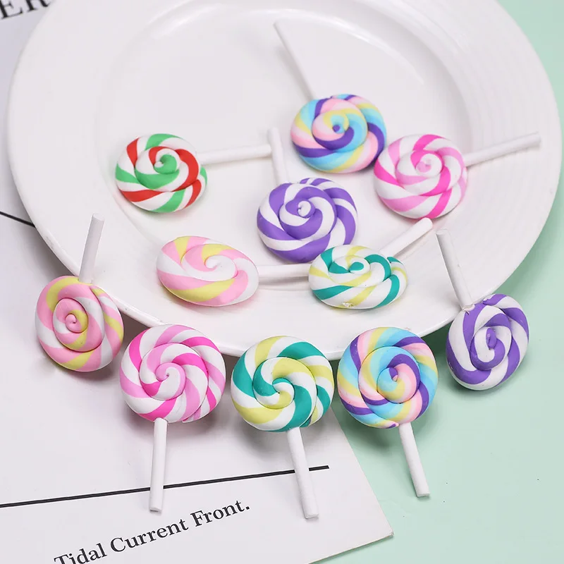 10 Pcs New Cute Kawaii  Rainbow Lollipop Candy Polymer Clay Cabochons Scrapbook Diy Party Hairpin Accessories Decorate Craft G55