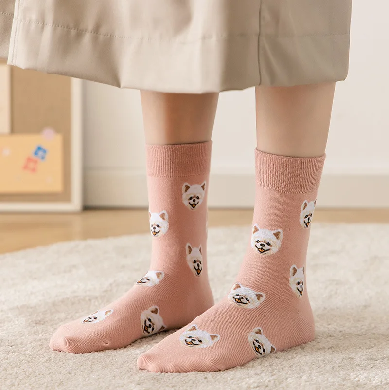 Cute Cartoon Dog Middle Tube Sock Women Ins Creative Female Sokken Printed with Shiba Inu Dalmatian Malzis Teddy Pomeranian Drop