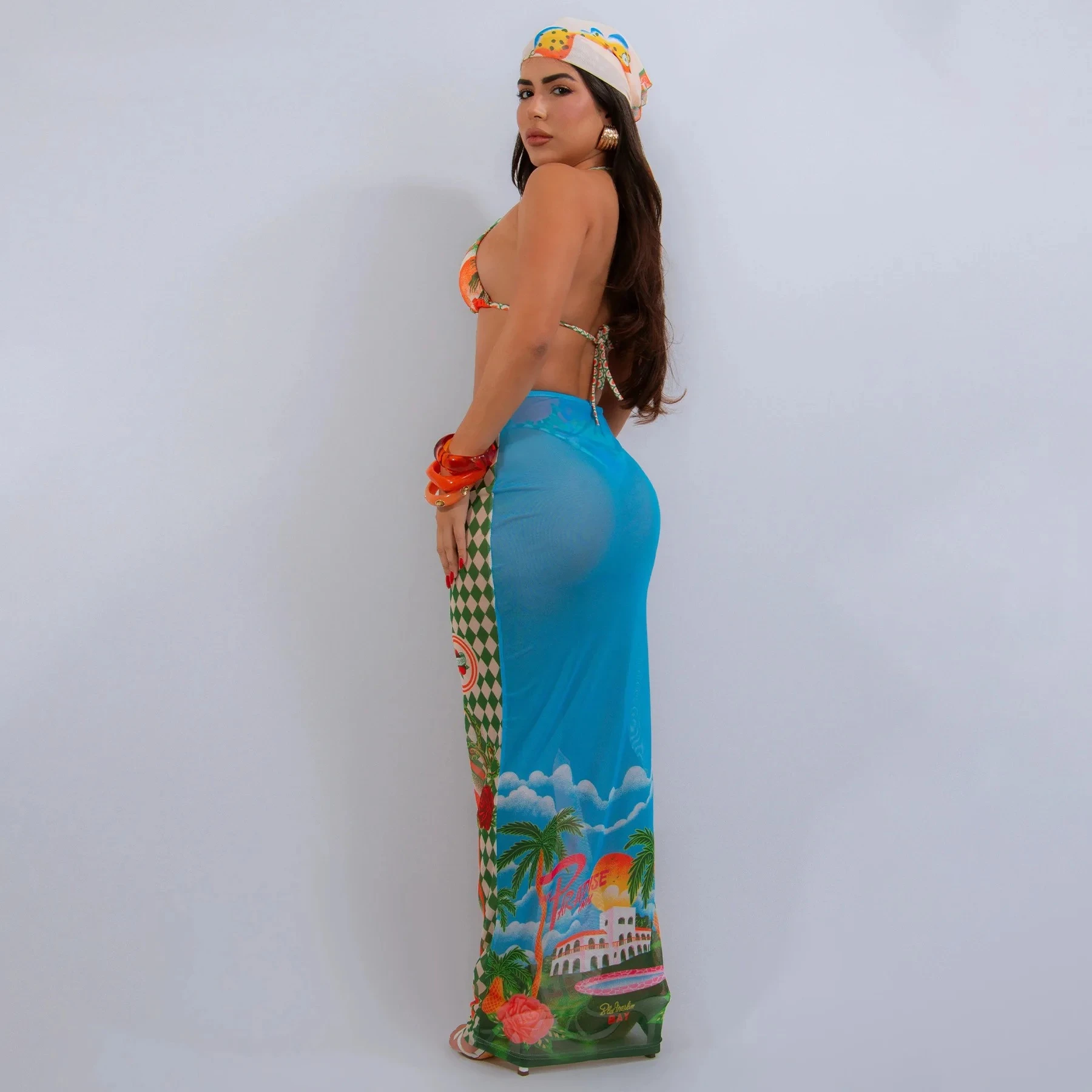 BWQ 여성 섹시한 꽃 프린트 비키니 세트 2025 여름 해변 휴가 수영복 브래지어 + 속옷 + 스커트 3 피스 세트 의상