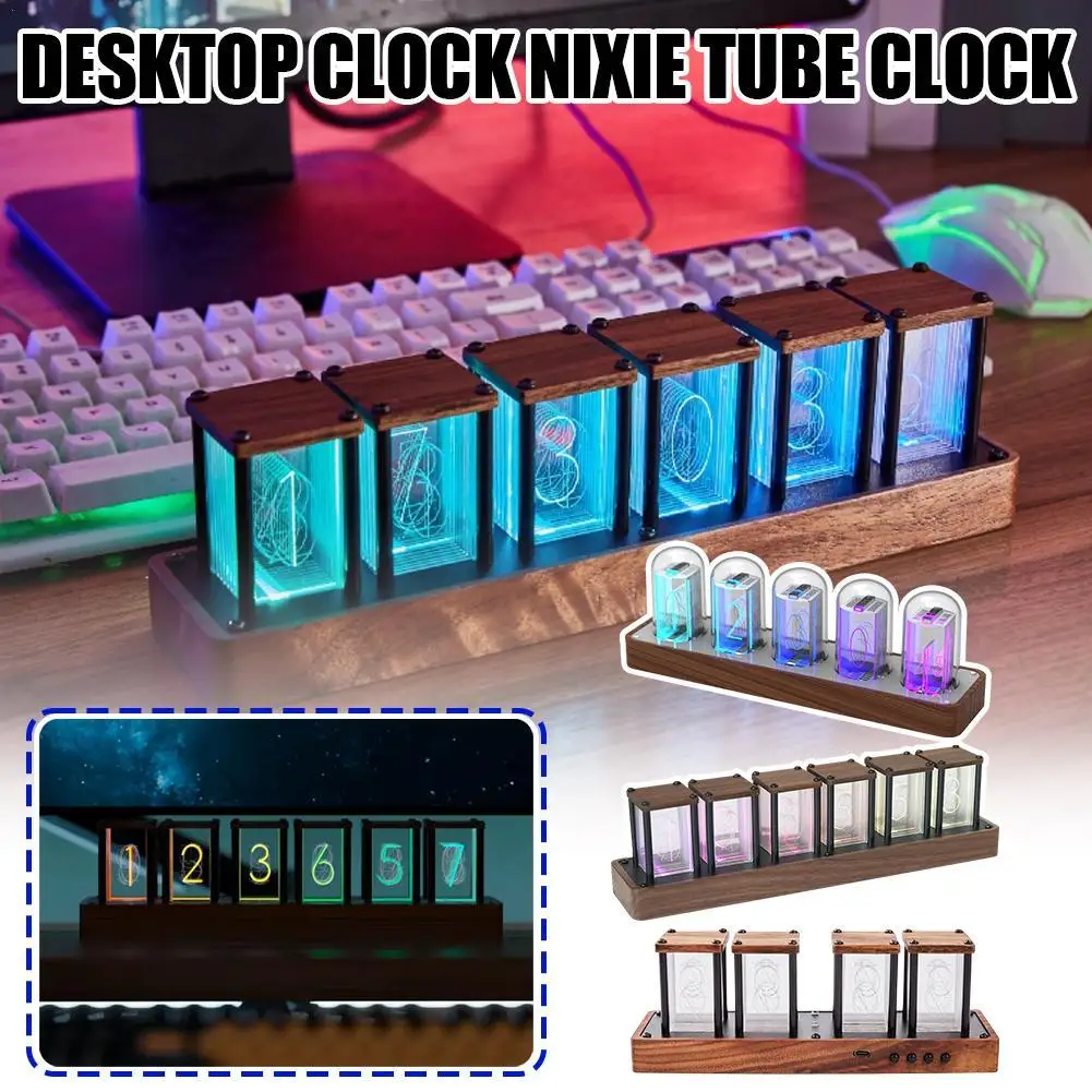 For Cyberpunk Style Clock Nixie Tube Clock Desktop Decor with Mood Lighting Modern High-tech Walnut RGB Creative Clock Gift