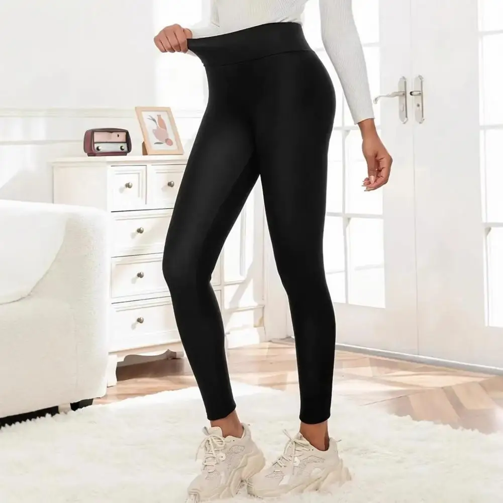 Weather Legwear Cozy Velvet-lined Winter Leggings for Women High-waisted Straight Leg Pants with Body Shaping Effect Solid Color