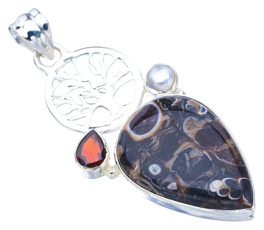 StarGems® Natural Turritella Garnet And River Pearl TreeHandmade 925 Sterling Silver Pendant 2.25