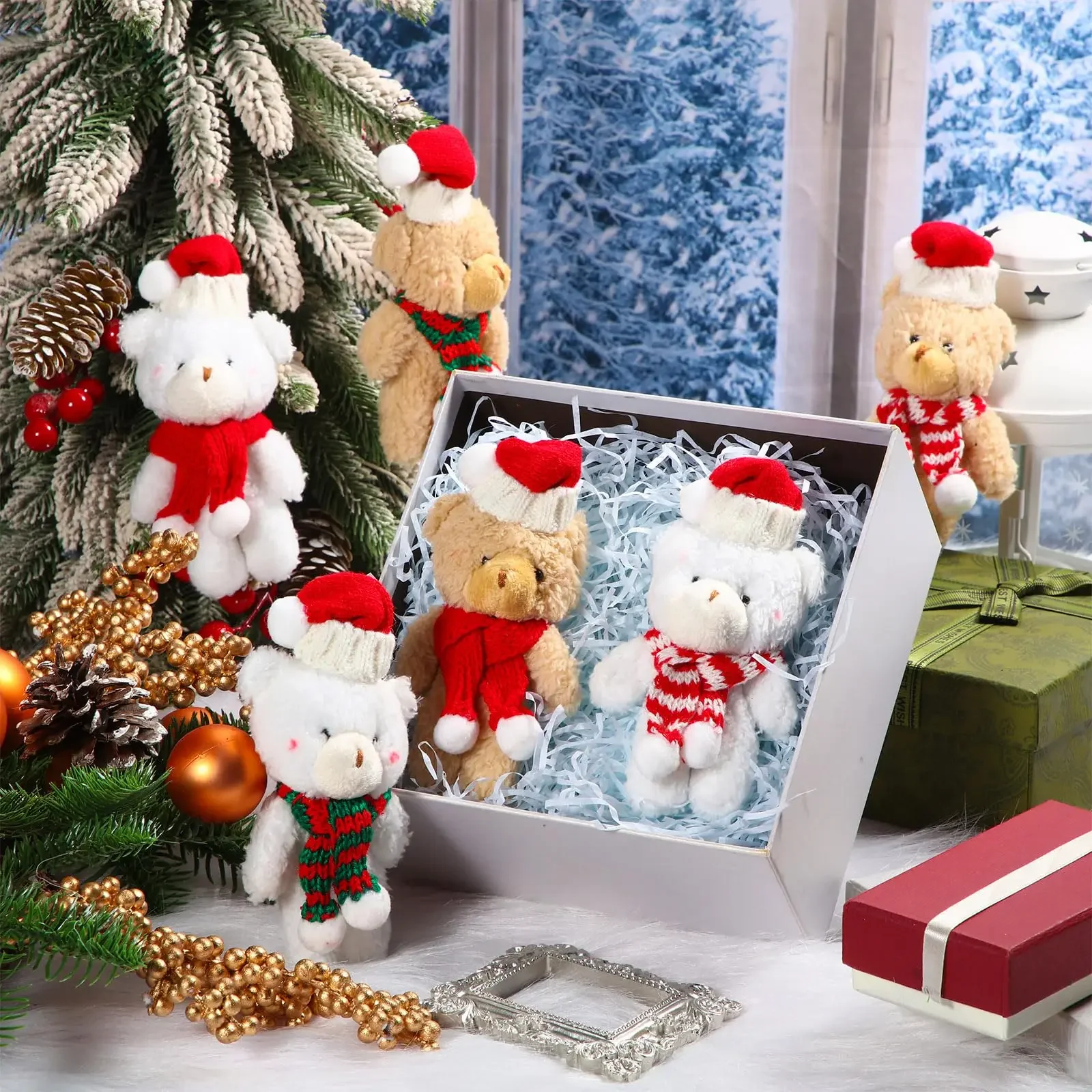 24-96Pcs Christmas Plush Bear Ornaments Cute Small Bear Stuffed Animal Keychains for Christmas Tree Hanging Decorations Gifts