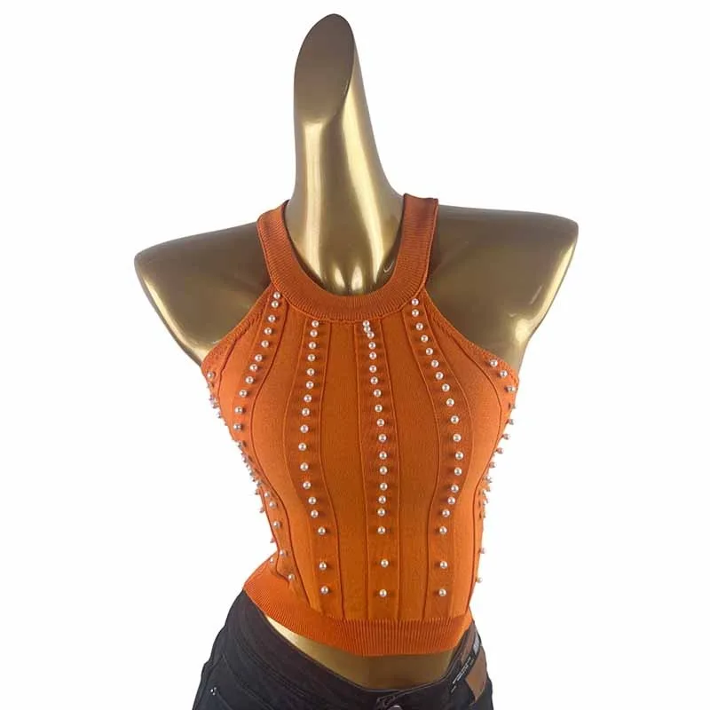 Women Tank Top Pearl Beading Halter Neck Sleeveless Knit Cropped Top Korean Fashion Streetwear Chic Hotsweet Mini Camisole