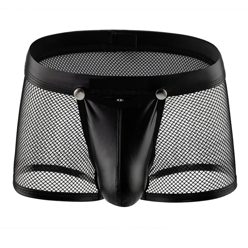 

Мужские дышащие трусы-боксеры из лакированной кожи с низкой посадкой и открытой сеткой, новый стиль
