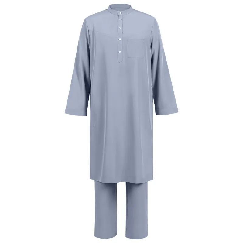 新しいイスラム教徒立ち襟ローブメンズ中東エスニックスタイル無地長袖ローブスーツ 2 点セット