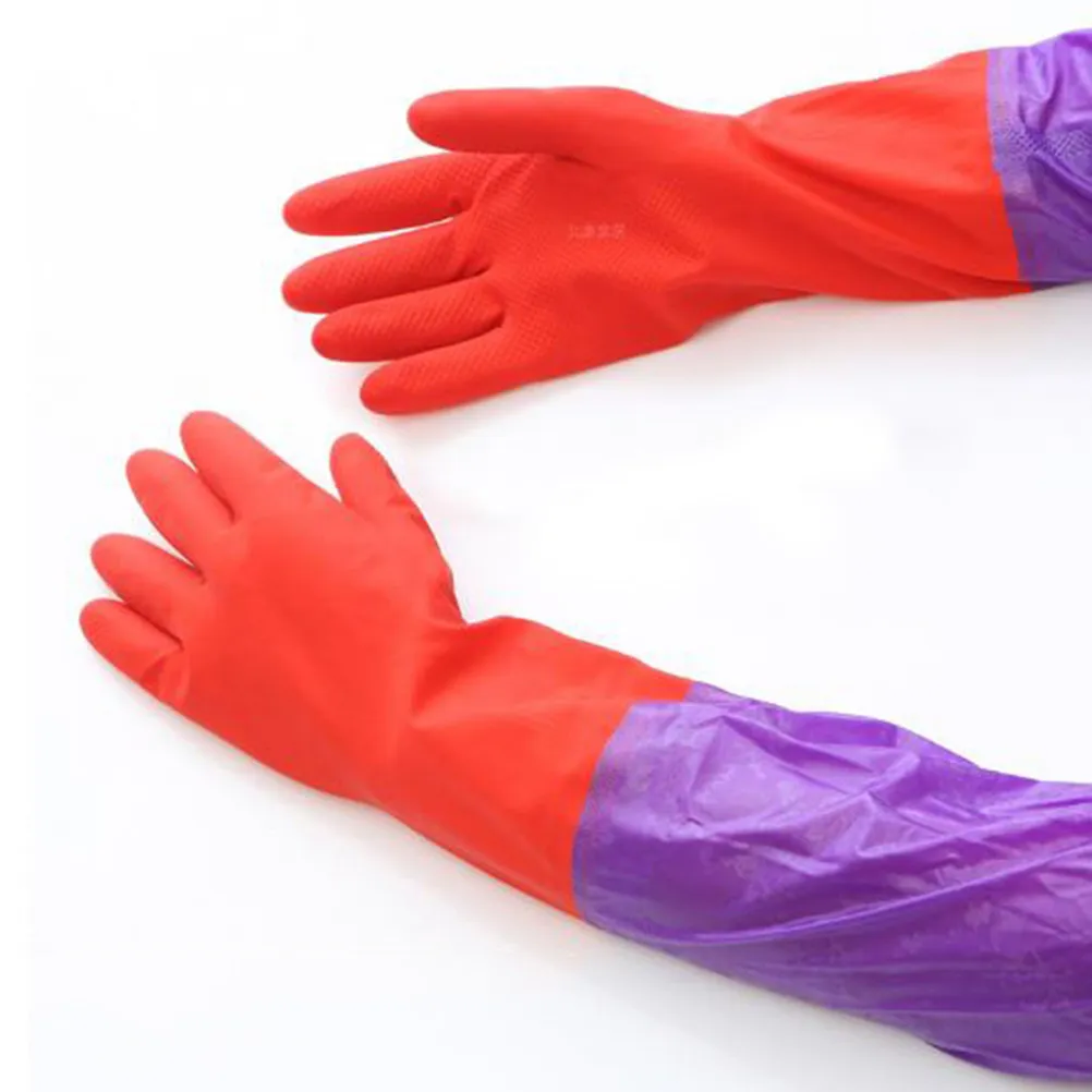 1Pair Household Cleaning Gloves Winter Warm Waterproof Rubber Dishwashing Gloves Anti-Skid Grid Pattern Flexible Cuff Easy on